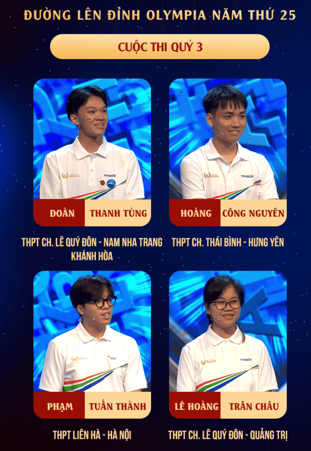 Bốn thí sinh tham gia cuộc thi Quý III Đường lên đỉnh Olympia 2025.