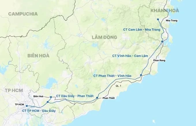 Bản đồ tổng quan tuyến cao tốc Phan Thiết – Dầu Giây và các kết nối, thể hiện hạ tầng giao thông.