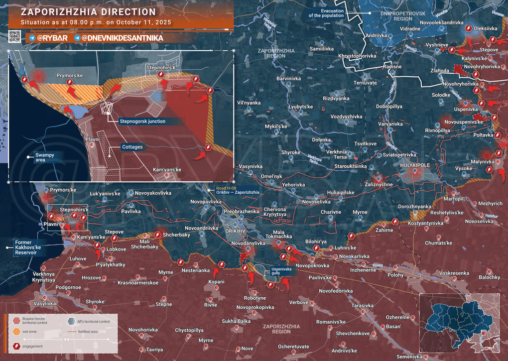 Bản đồ tình hình chiến sự hướng Zaporizhia, Ukraine, ngày 11/10/2025, thể hiện các vùng giao tranh và kiểm soát của lực lượng Nga và Ukraine.