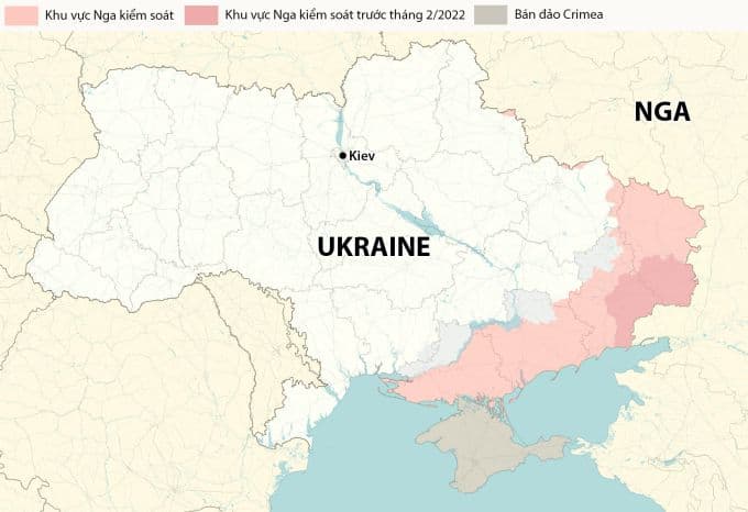 Bản đồ Ukraine với các khu vực Nga kiểm soát, thể hiện cục diện chiến lược của xung đột.