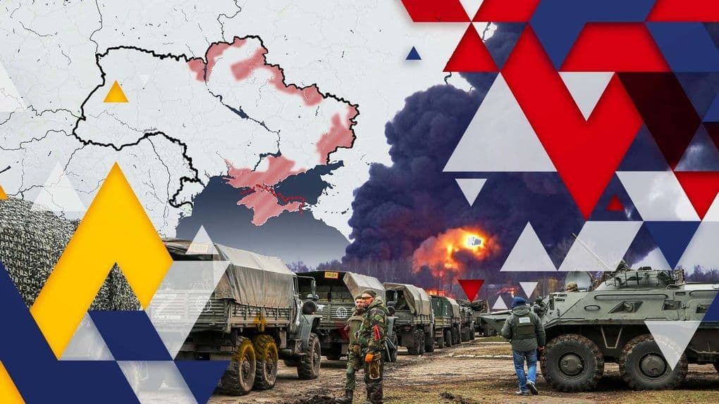 Bản đồ Ukraine với các vùng xung đột, xe quân sự và khói lửa, tượng trưng cho cuộc chiến và sự tái định hình địa chính trị.