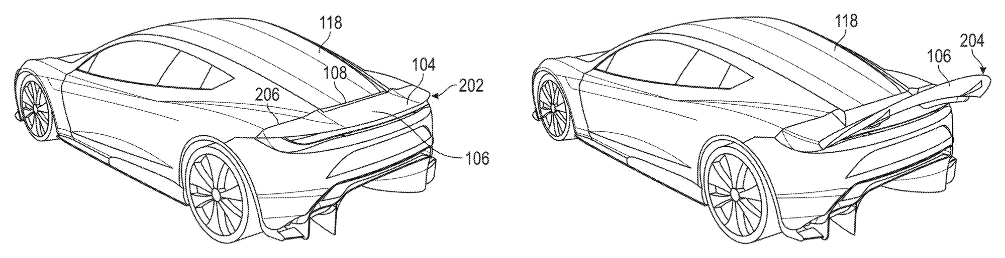 Bản vẽ bằng sáng chế của Tesla Roadster cho thấy xe với cánh gió phía sau ở trạng thái gập gọn và trạng thái triển khai.
