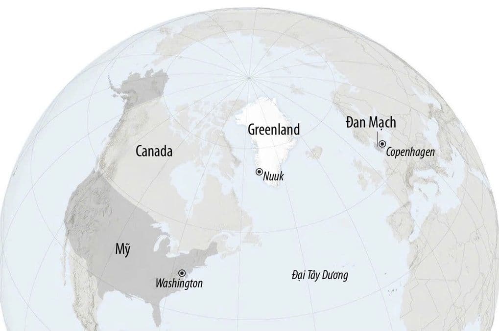 Bản đồ vị trí địa lý của Greenland, Mỹ và Đan Mạch, nhấn mạnh tầm quan trọng chiến lược của hòn đảo.