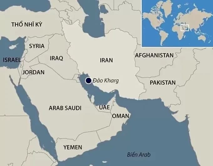 Bản đồ vị trí chiến lược của Eo biển Hormuz và đảo Kharg ở Vịnh Ba Tư