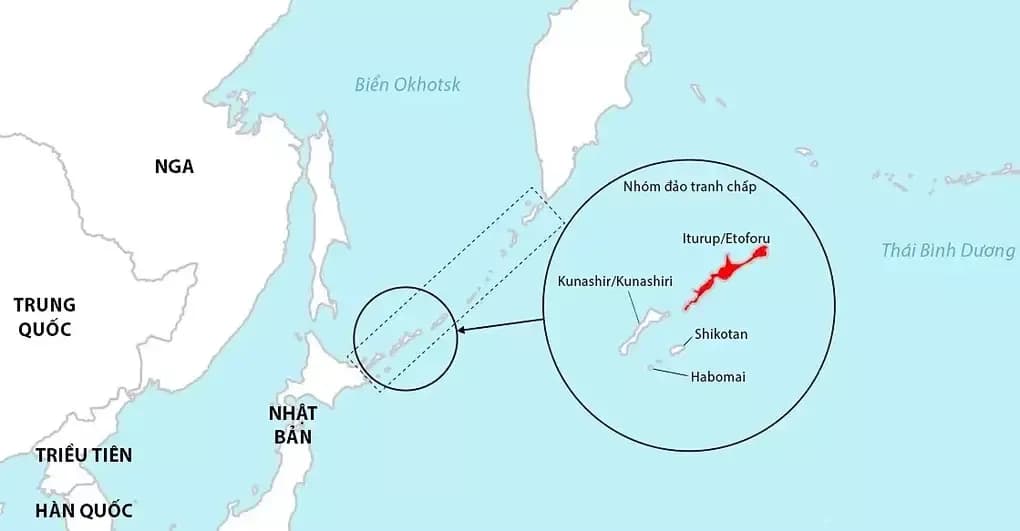 Bản đồ vị trí quần đảo Kuril (Lãnh thổ phía Bắc của Nhật Bản) đang tranh chấp giữa Nga và Nhật Bản.