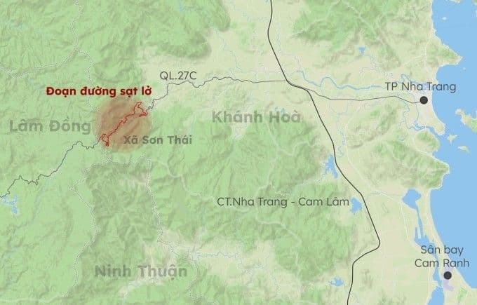 Bản đồ vị trí sạt lở trên Quốc lộ 27C, đèo Khánh Lê, nối Đà Lạt và Nha Trang