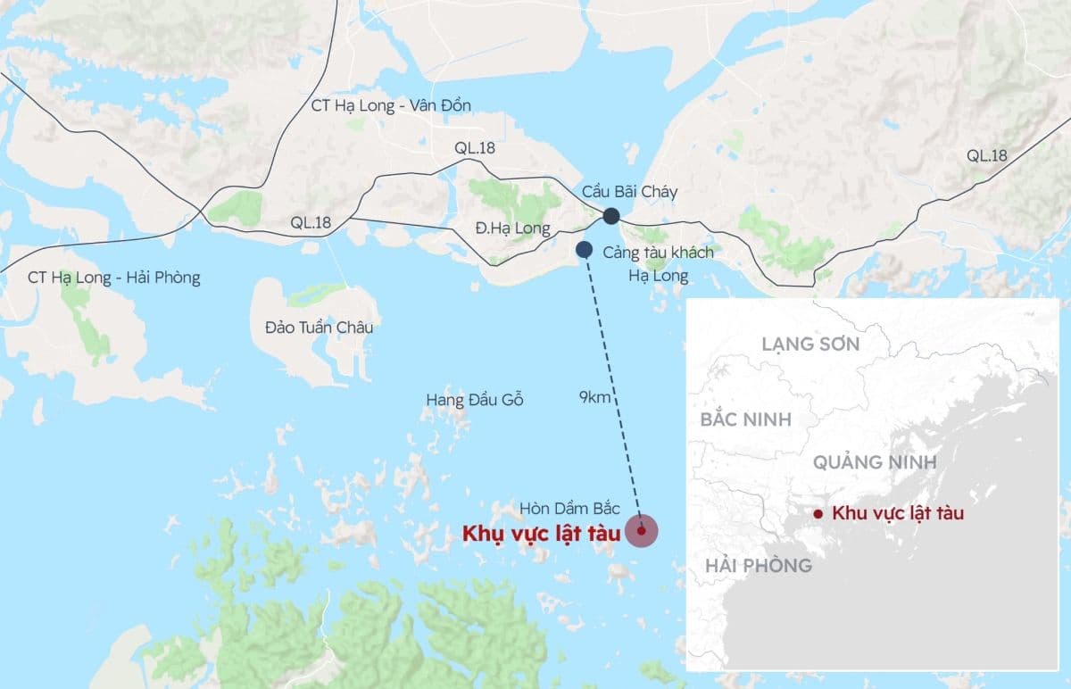 Bản đồ vị trí tàu du lịch Vịnh Xanh QN-7105 bị lật úp tại Vịnh Hạ Long.