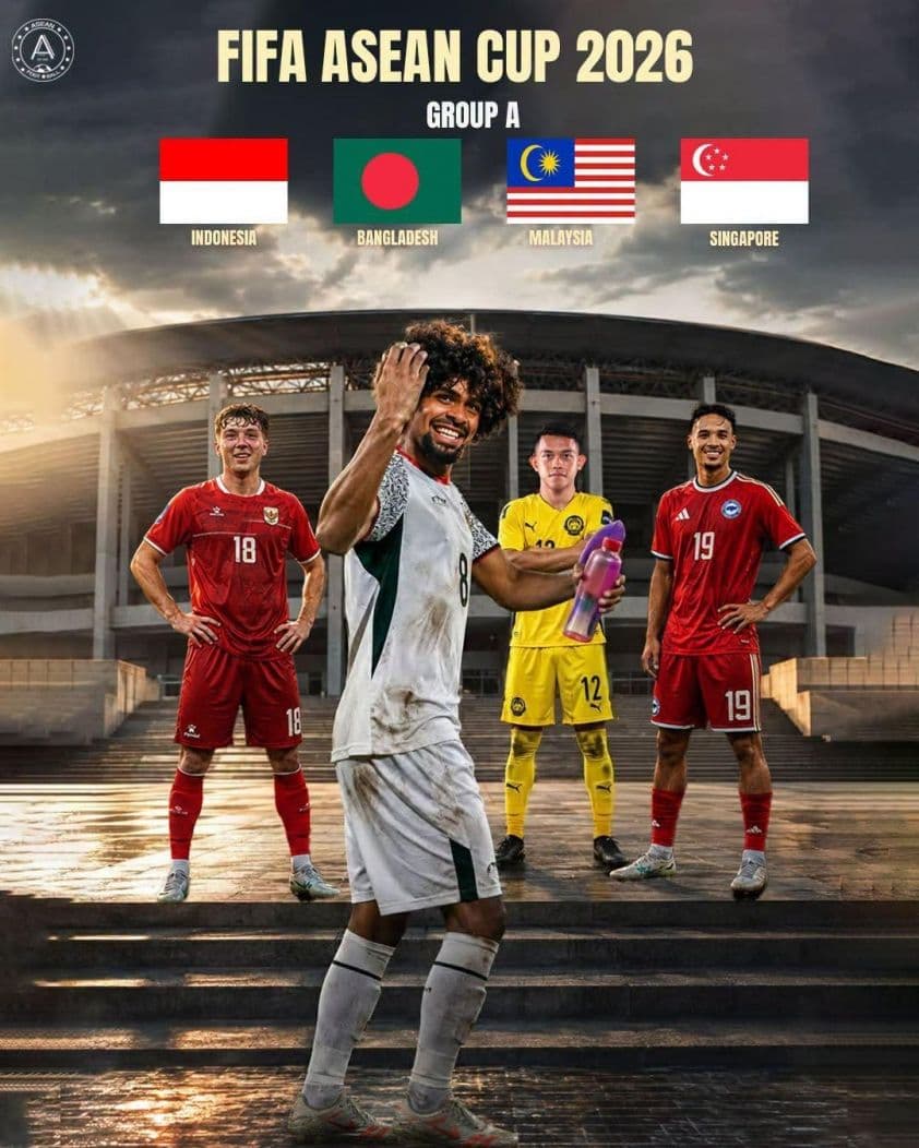 Bảng A FIFA ASEAN Cup 2026 với các đội Indonesia, Bangladesh, Malaysia, Singapore, minh họa sự mở rộng địa lý của giải đấu.