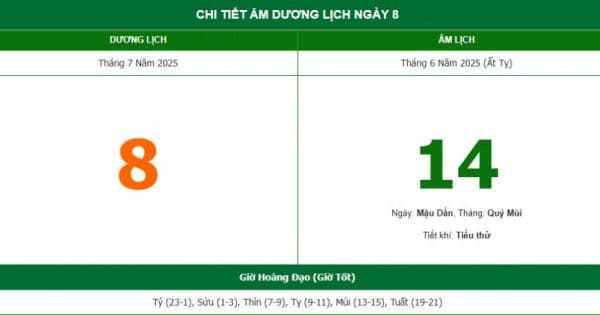 Bảng chi tiết lịch âm dương ngày 8 tháng 7 năm 2025, hiển thị thông tin ngày hoàng đạo và giờ tốt xấu.