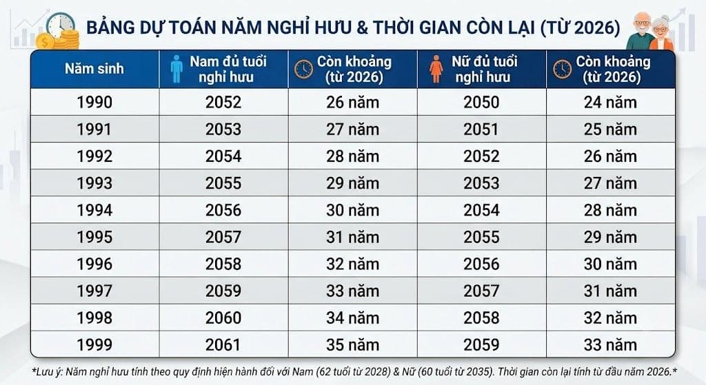 Bảng dự toán năm nghỉ hưu và thời gian còn lại cho người sinh từ 1990 đến 1999, nhấn mạnh thách thức tuổi thọ tăng.