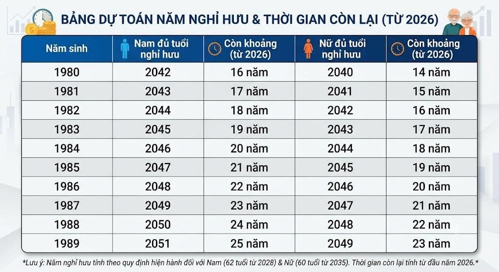 Bảng dự toán năm nghỉ hưu và thời gian còn lại cho người sinh từ 1980 đến 1989, minh họa kế hoạch hưu trí chủ động.