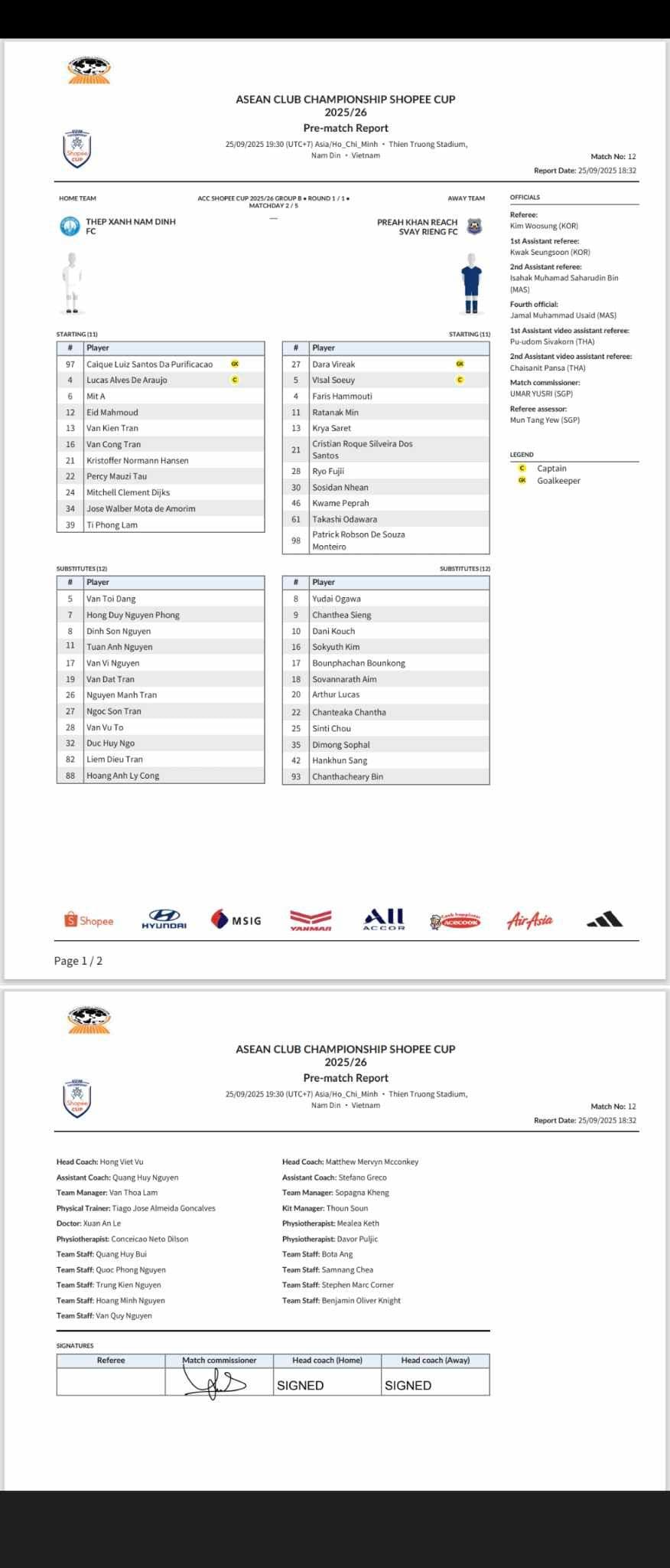 Bảng danh sách đội hình xuất phát của CLB Svay Rieng và Nam Định