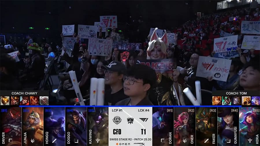 Bảng kết quả trận đấu CKTG 2025 giữa CFO và T1, hiển thị CFO thắng T1 với tỷ số và chỉ số vượt trội.