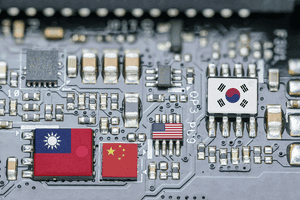 Bảng mạch điện tử với các lá cờ quốc gia, tượng trưng cho ngành công nghiệp bán dẫn và chiến lược công nghệ.