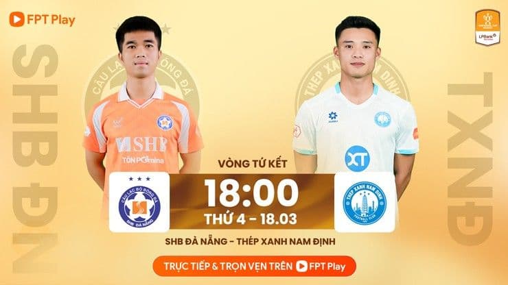 Bảng quảng cáo trận đấu Cúp Quốc gia giữa SHB Đà Nẵng và Thép Xanh Nam Định, thể hiện sự chuyên nghiệp và tài trợ của giải đấu.