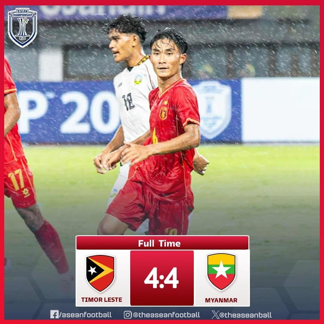 Bảng tỷ số 4-4 giữa U23 Timor Leste và U23 Myanmar, thể hiện sự bất ngờ và bản lĩnh của đội bóng yếu hơn.