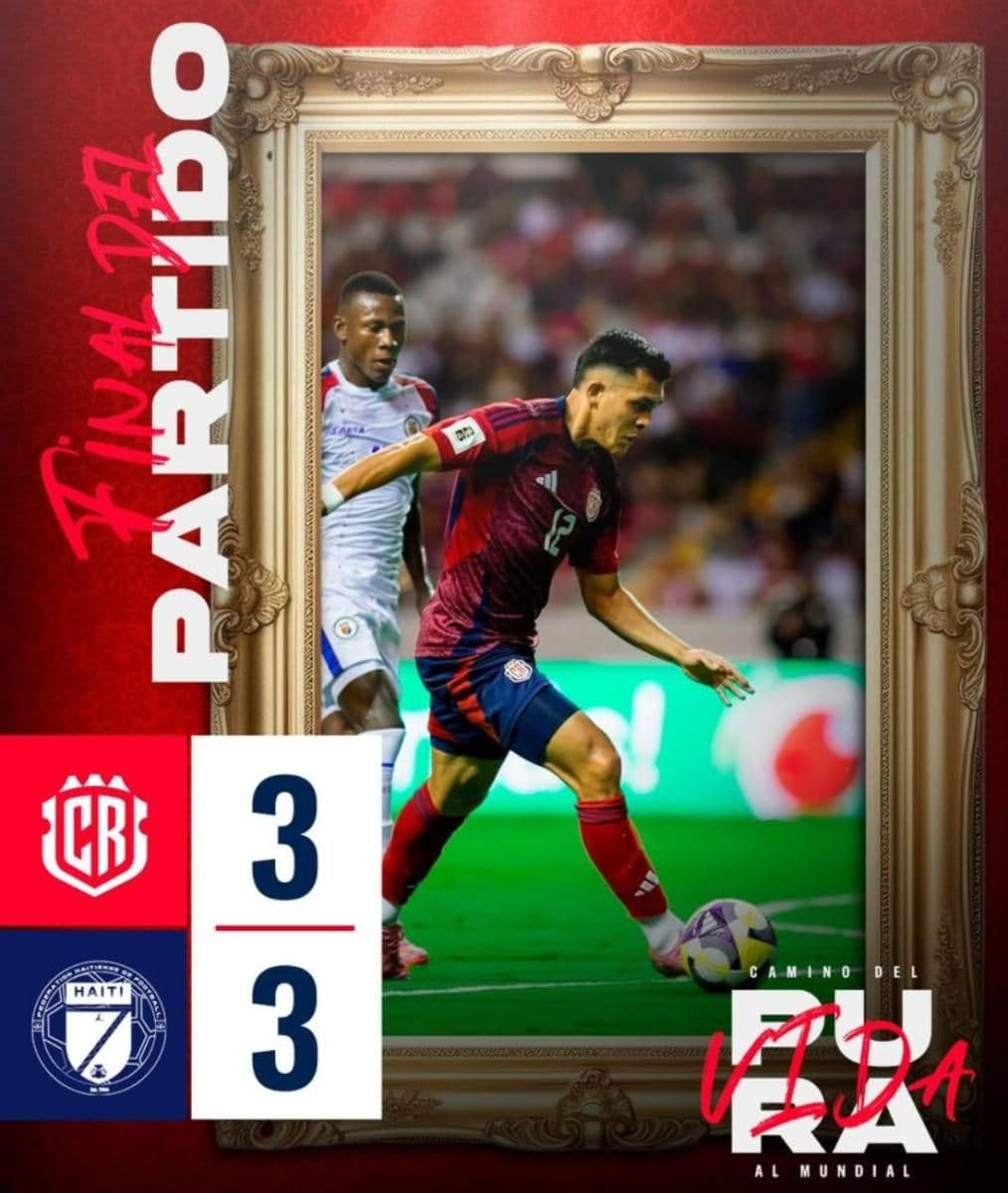 Bảng tỉ số cuối cùng 3-3, thể hiện kết quả hòa kịch tính giữa Costa Rica và Haiti.