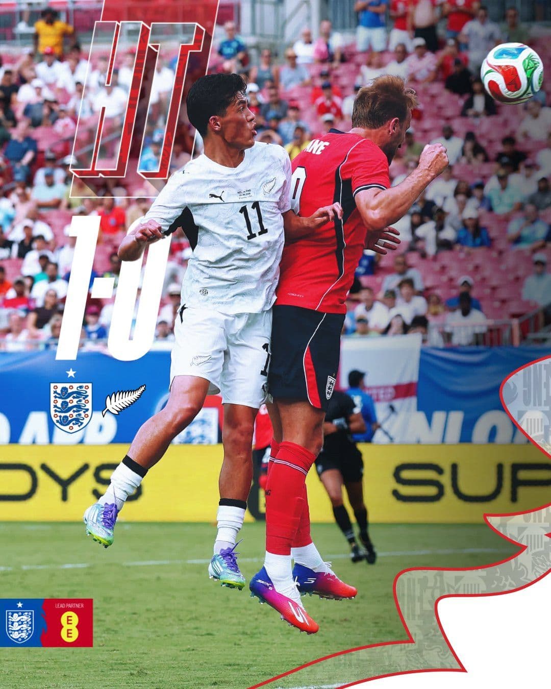 Bảng tỷ số hiển thị Anh thắng New Zealand 1-0, với hình ảnh Harry Kane đánh đầu ghi bàn duy nhất của trận đấu.