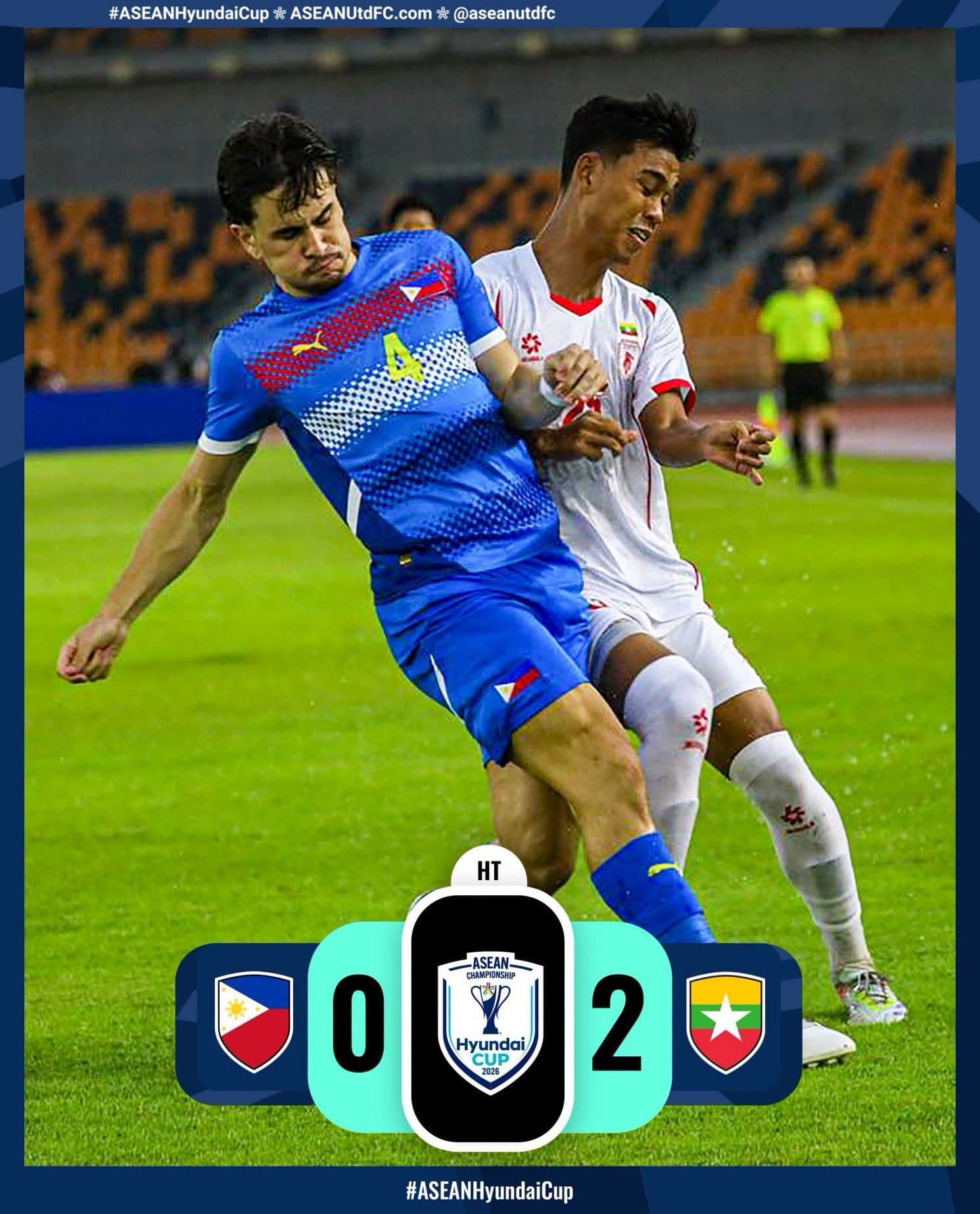Bảng tỷ số điện tử hiển thị kết quả hiệp một trận đấu Philippines và Myanmar tại ASEAN Championship, minh họa sự chuyên nghiệp của giải đấu