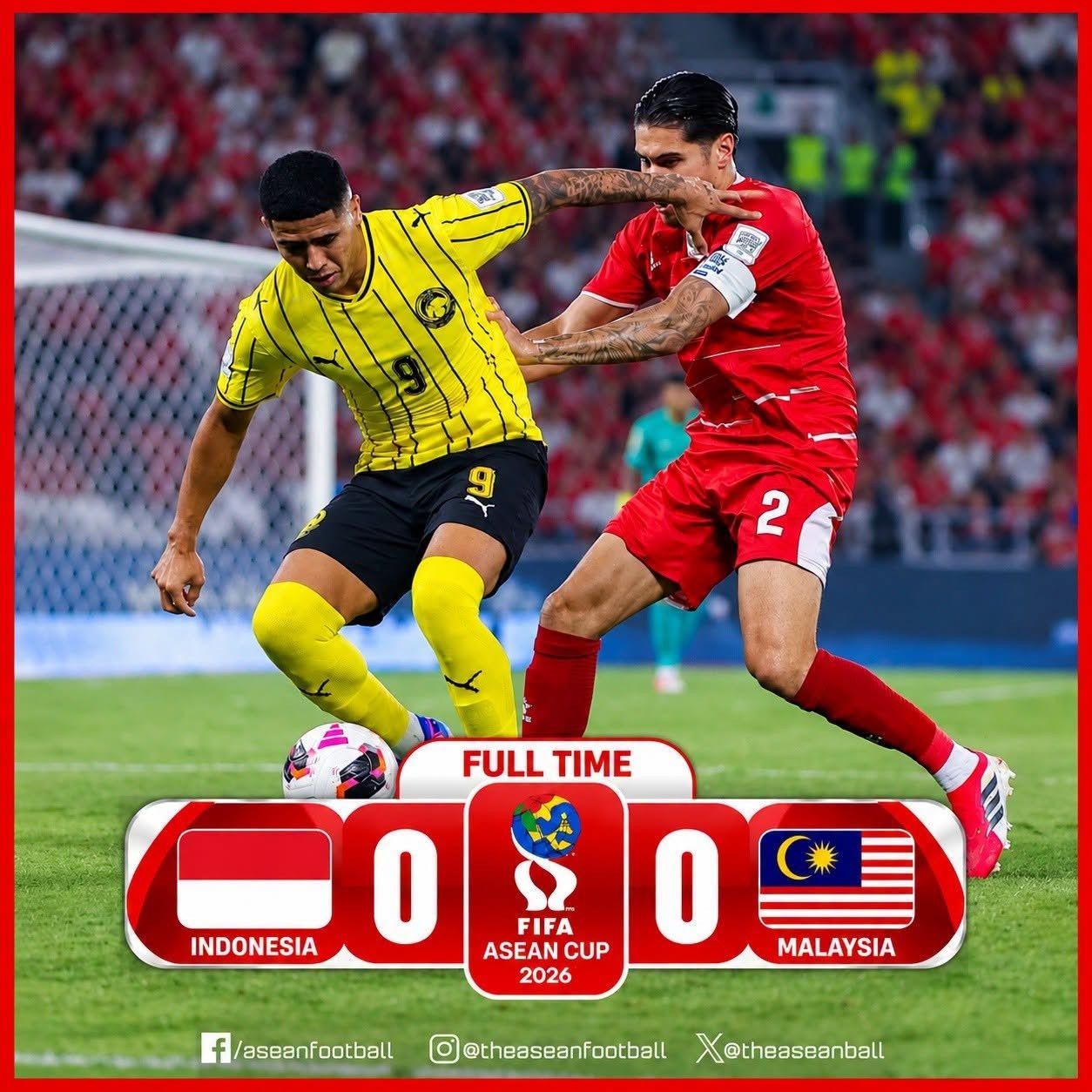 Bảng tỷ số trận đấu giữa Indonesia và Malaysia kết thúc với tỷ số hòa 0-0 tại FIFA ASEAN Cup 2026.