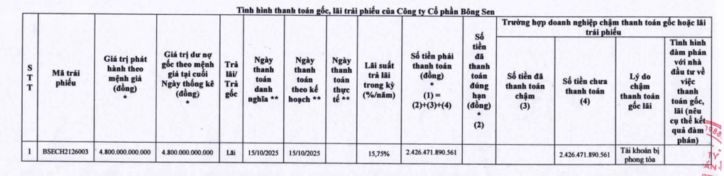 Bảng thống kê tình hình thanh toán gốc và lãi trái phiếu của Công ty Cổ phần Bông Sen, minh họa khoản nợ 2.426 tỷ đồng và tài khoản bị phong tỏa.