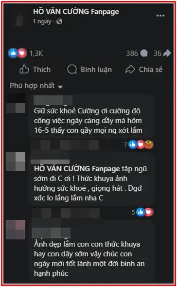 Bình luận của người hâm mộ trên fanpage Hồ Văn Cường bày tỏ sự lo lắng về sức khỏe của anh.