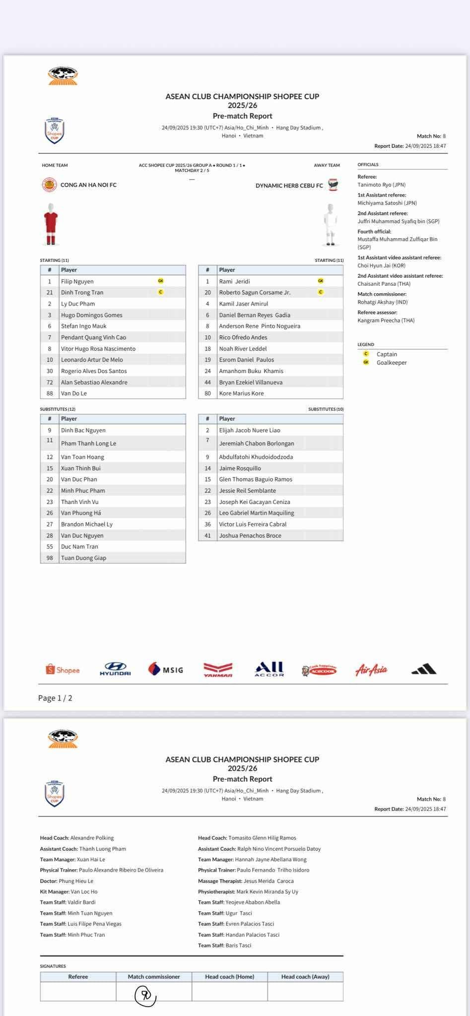 Báo cáo trước trận đấu giữa Công an Hà Nội (CAHN) và Cebu FC tại AFC Champions League Two, hiển thị đội hình xuất phát và thông tin trận đấu.