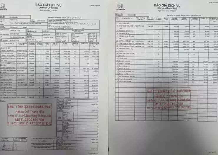 Báo giá sửa chữa xe ô tô Honda City, tài liệu liên quan đến số tiền 100 triệu đồng mà Đào Quang Hà đã lợi dụng để trục lợi.