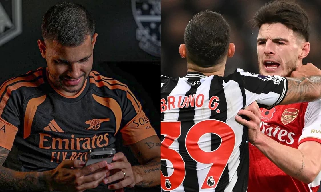 Bruno Guimaraes và Declan Rice, hai tiền vệ của Arsenal.