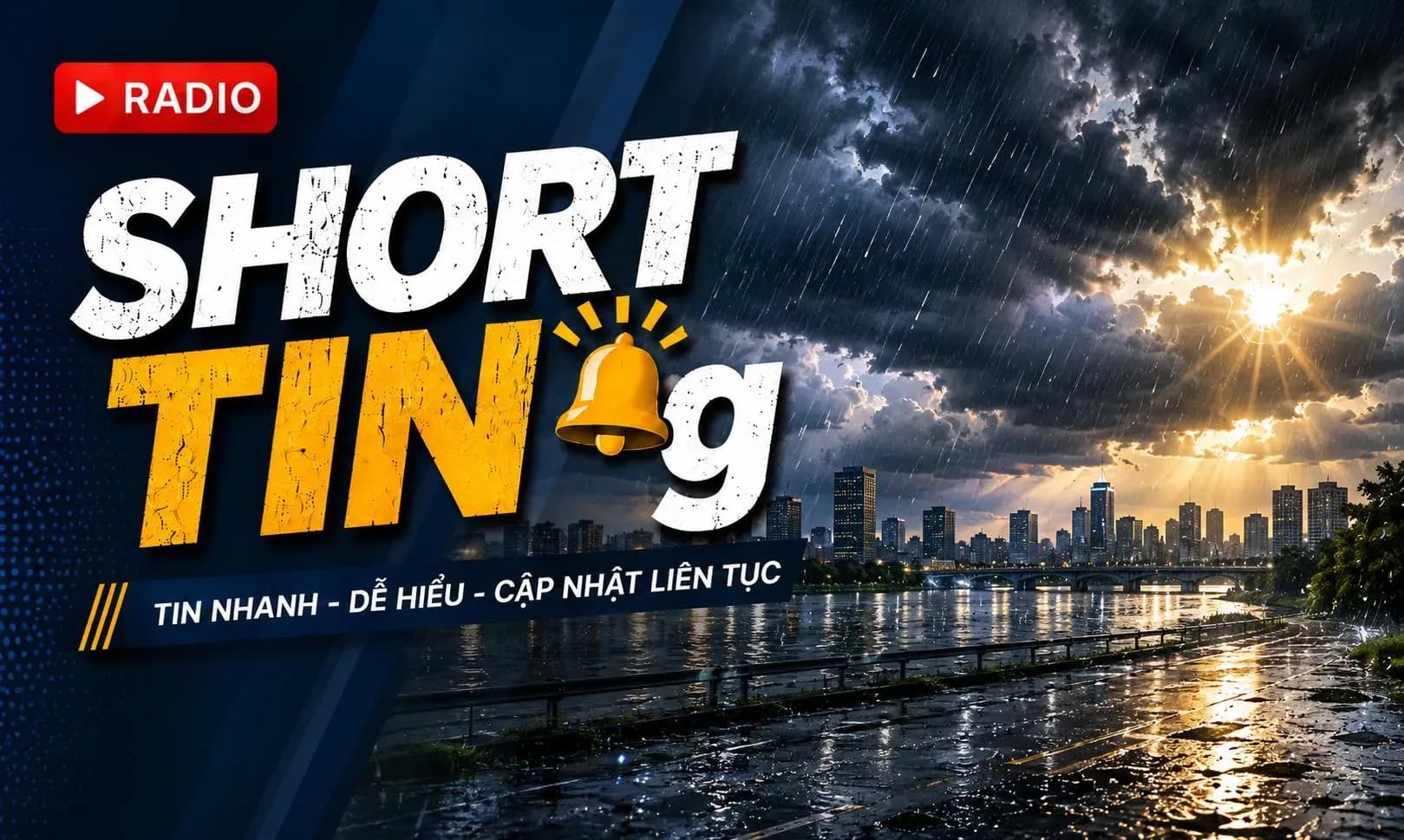 Bầu trời mưa bão trên thành phố, mặt trời ló rạng, biểu tượng cho dự báo thời tiết và sự chuẩn bị.