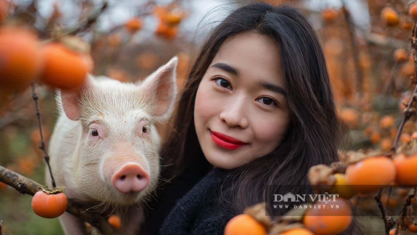 Cô gái Việt mỉm cười bên chú heo con giữa vườn hồng, tượng trưng cho sự hài hòa với nhịp điệu cảm xúc và năng lượng tự nhiên