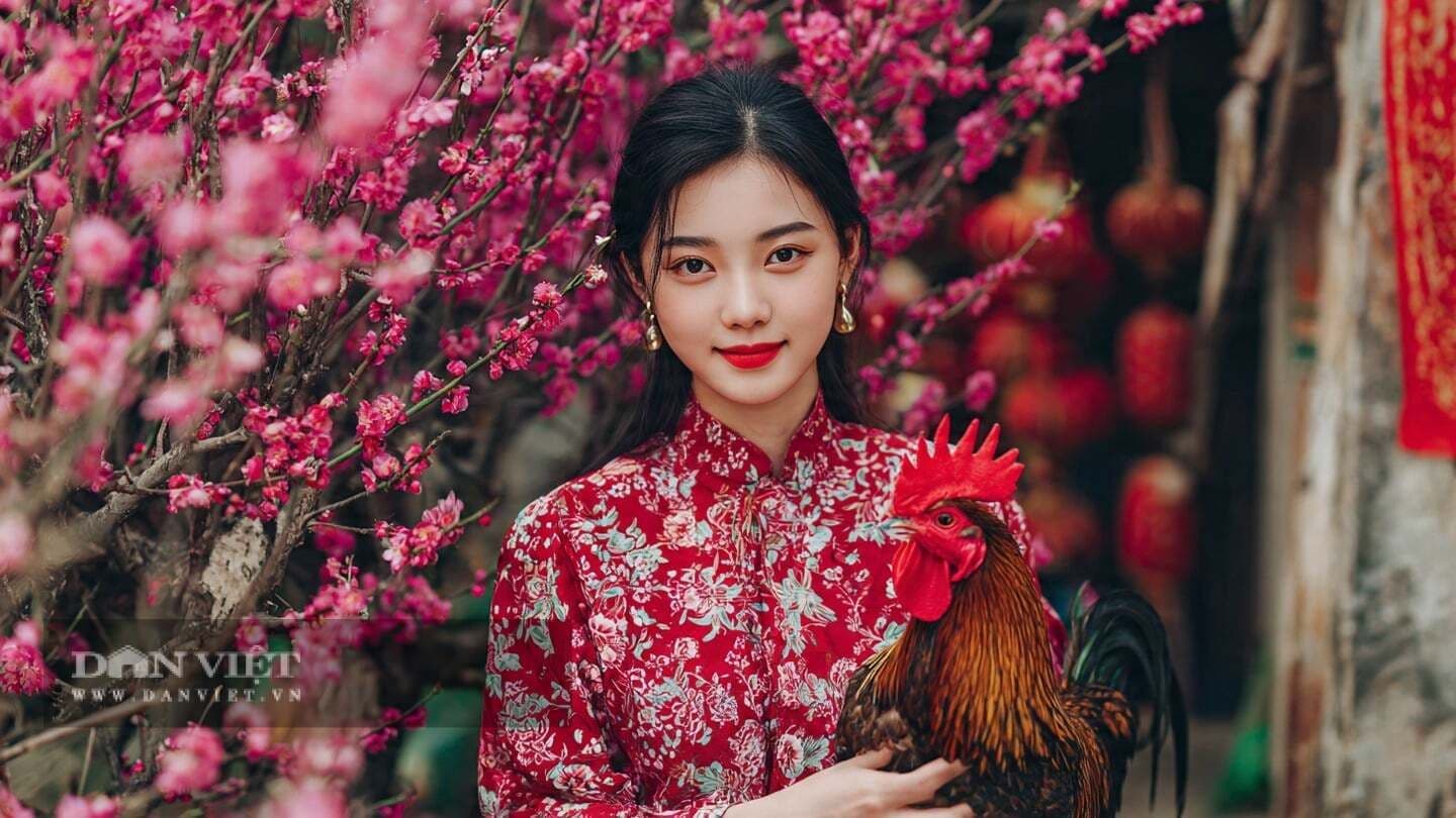 Cô gái Việt trong áo dài đỏ ôm gà trống giữa vườn hoa đào, thể hiện tử vi là la bàn tự thân giúp khám phá nội tâm