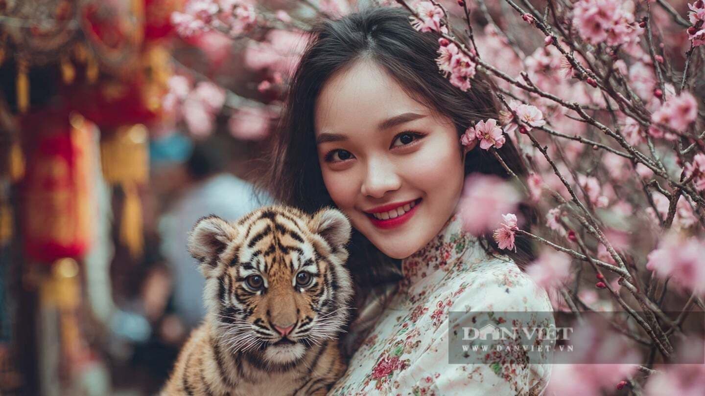 Cô gái Việt trong áo dài trắng ôm hổ con giữa vườn hoa đào, tượng trưng cho tử vi và con giáp, gợi mở nghệ thuật sống tỉnh thức