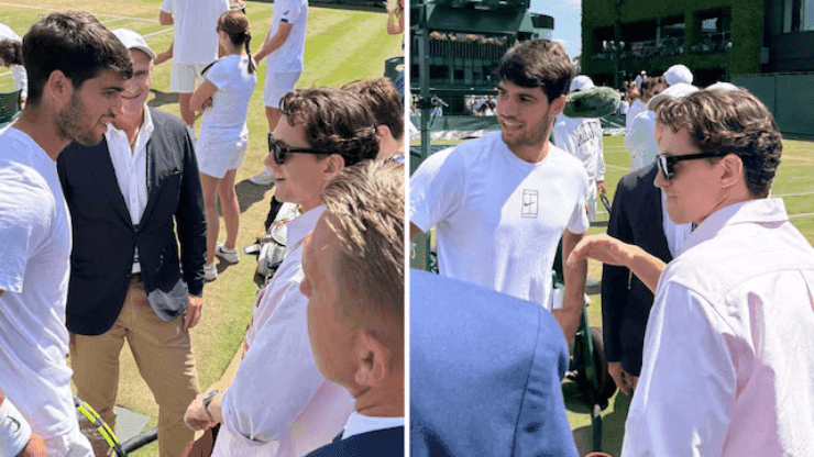 Carlos Alcaraz giao lưu với Tom Holland bên ngoài sân đấu Wimbledon