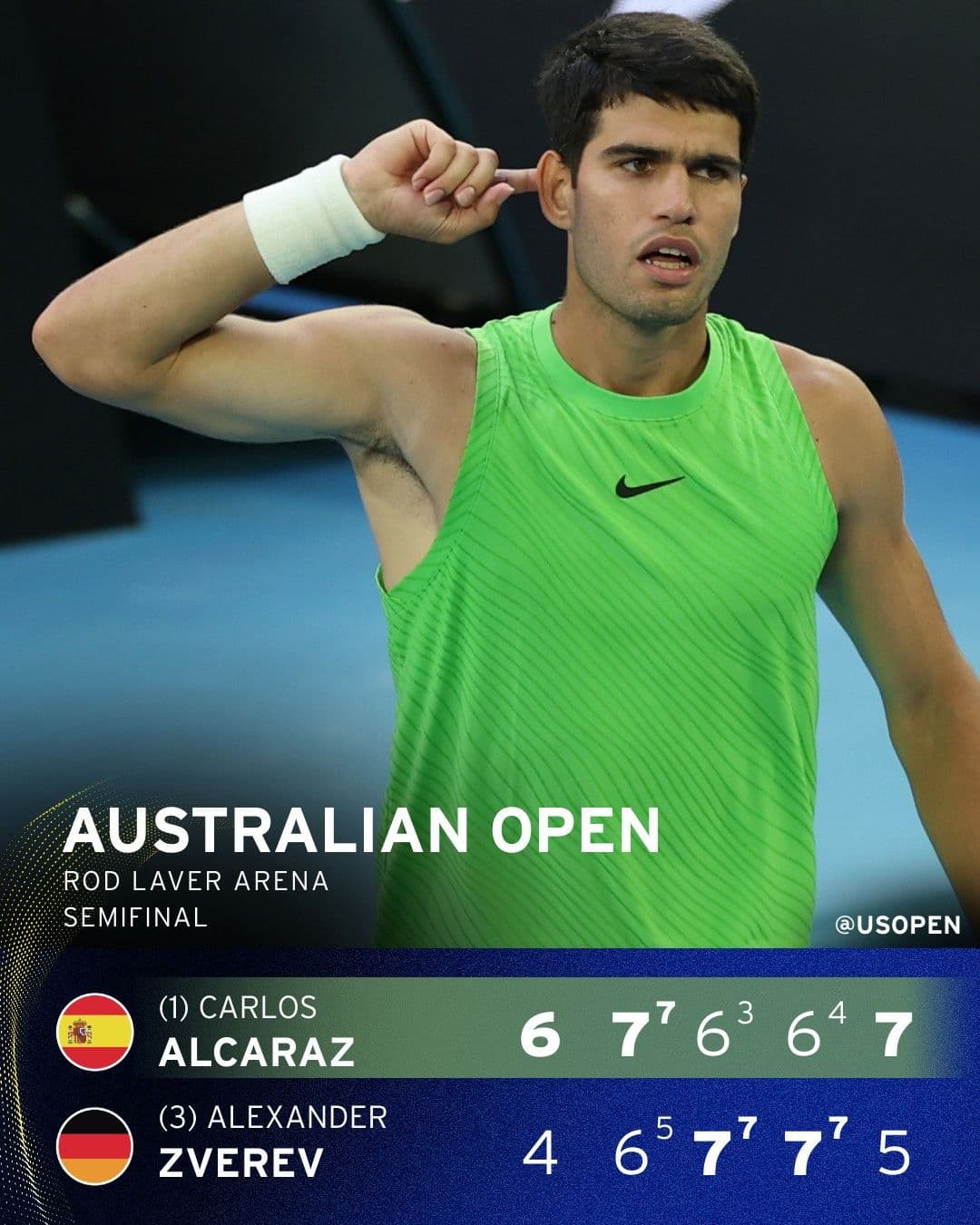 Carlos Alcaraz ăn mừng chiến thắng kịch tính trước Alexander Zverev trong trận bán kết Australian Open 2026, một trận đấu đầy bản lĩnh.
