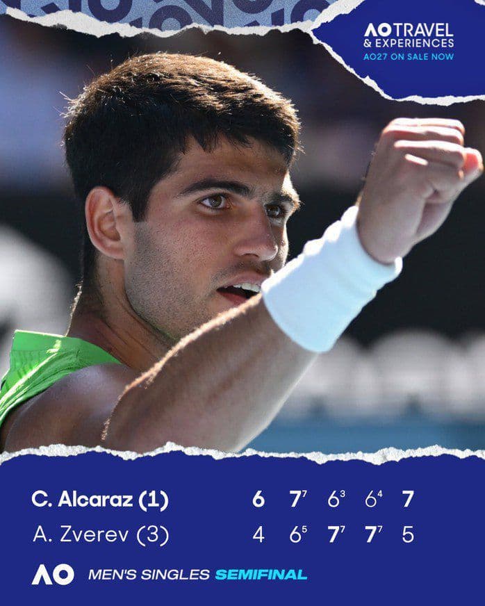 Carlos Alcaraz ăn mừng chiến thắng sau trận bán kết marathon 5 set trước Zverev tại Australian Open.