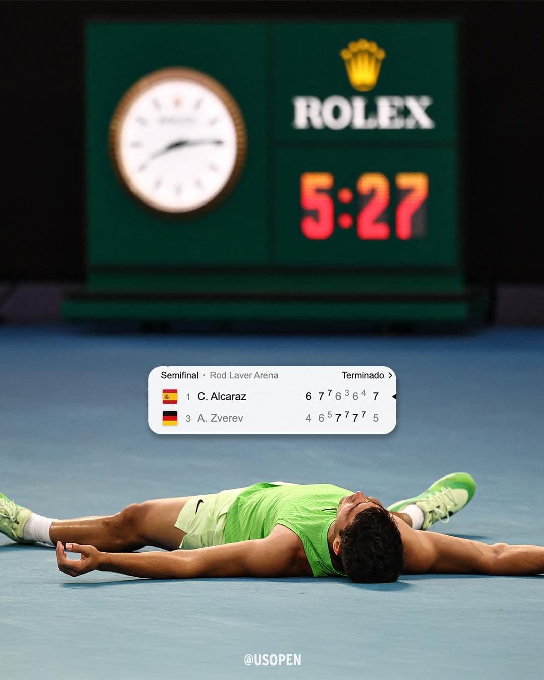 Carlos Alcaraz nằm gục trên sân sau trận bán kết kéo dài 5 giờ 27 phút tại Australian Open 2026, bảng điểm hiển thị chiến thắng của anh trước Zverev.