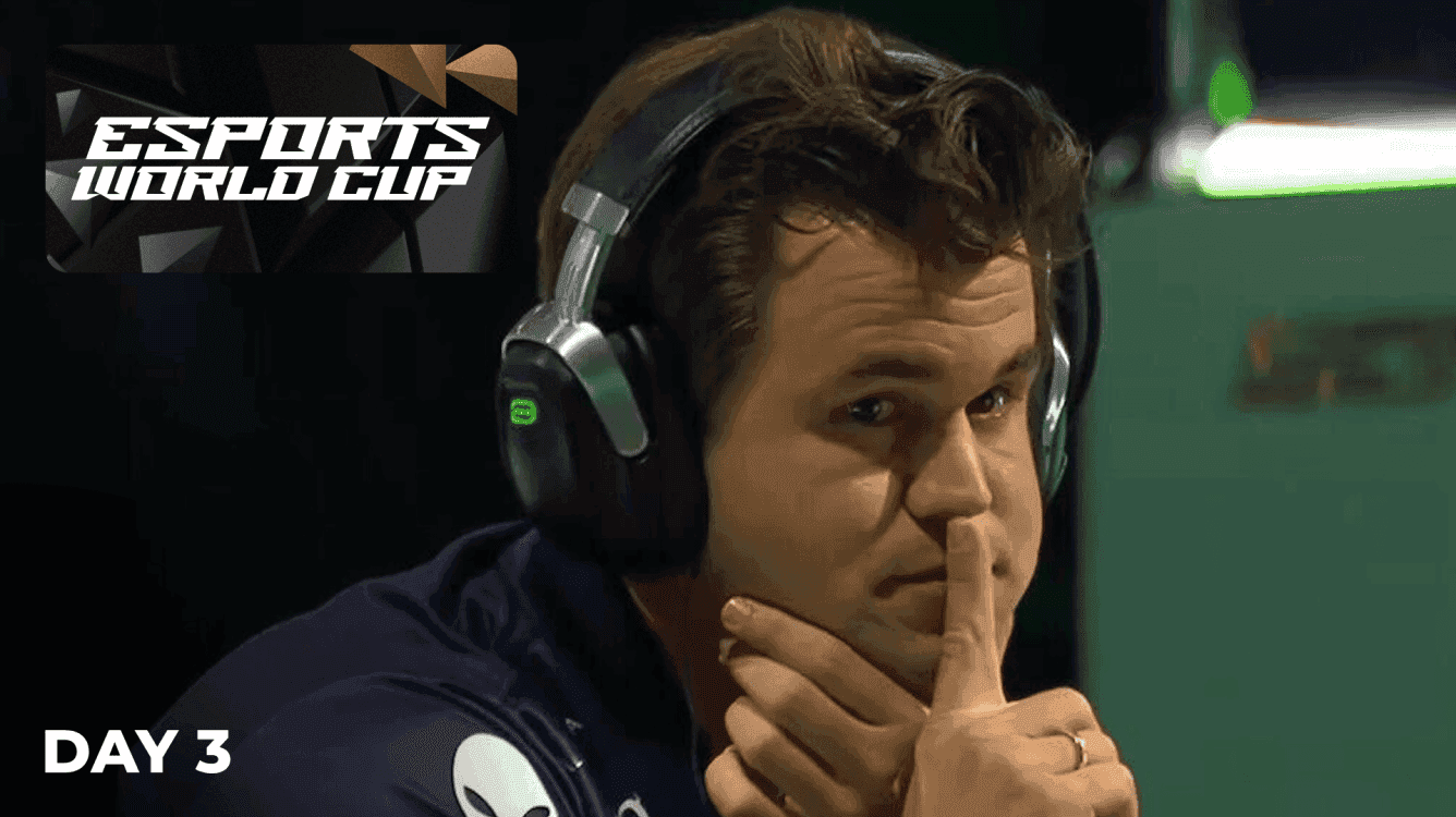 Carlsen đưa ngón tay lên môi ra hiệu im lặng sau khi đánh bại Nakamura tại Esports World Cup.