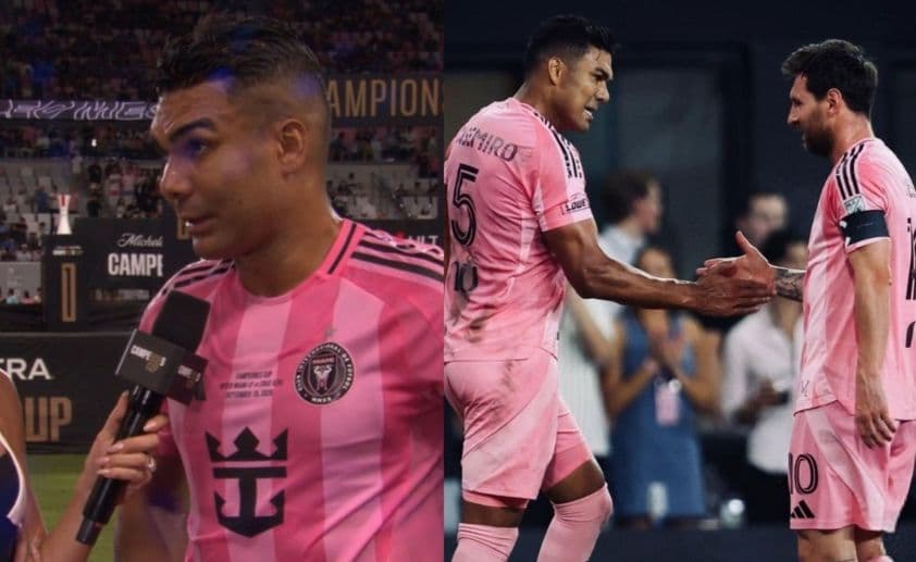 Casemiro và Messi bắt tay, thể hiện mối quan hệ đồng đội mới tại Inter Miami.