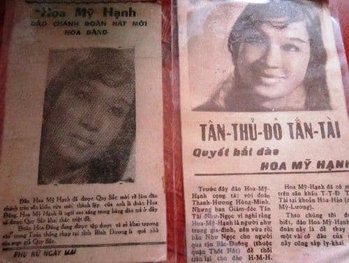 Các bài báo cũ về nghệ sĩ Hoa Mỹ Hạnh, đào chính đoàn hát Hoa Đăng, minh chứng cho thời kỳ hoàng kim của bà.