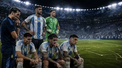Các cầu thủ Argentina trên băng ghế dự bị với vẻ mặt lo lắng, thể hiện áp lực lịch sử và những mối lo ngầm trước trận chung kết