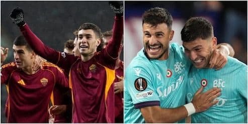 Các cầu thủ AS Roma ăn mừng chiến thắng, củng cố vị thế của họ tại Europa League.