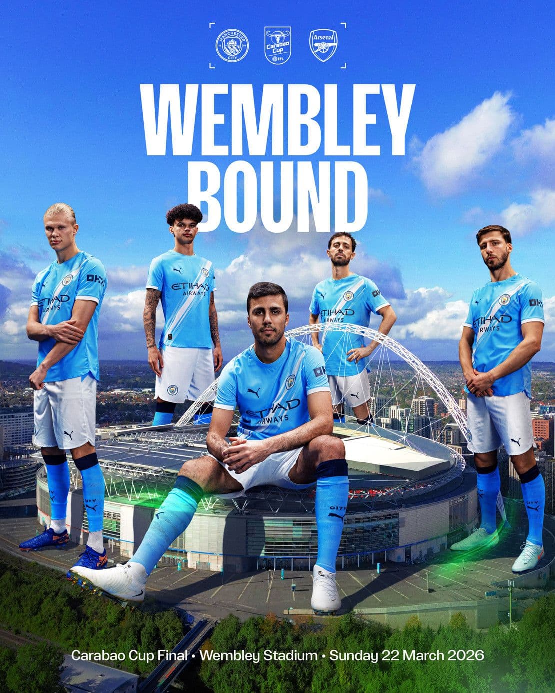 Các cầu thủ Man City hướng tới trận chung kết Cúp Liên đoàn tại Wembley gặp Arsenal.
