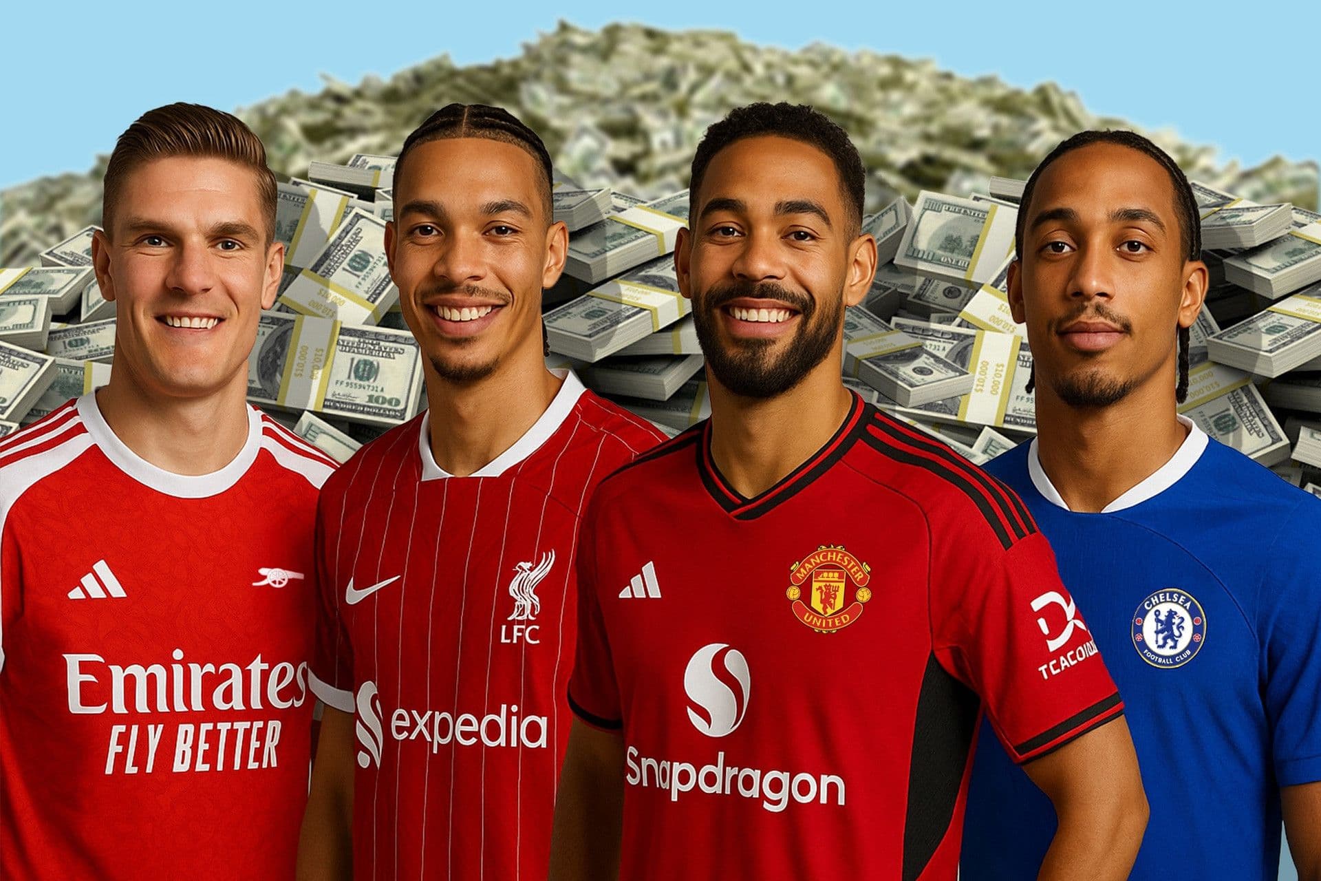 Các cầu thủ Premier League với núi tiền, tượng trưng cho các bản hợp đồng chuyển nhượng đắt giá.