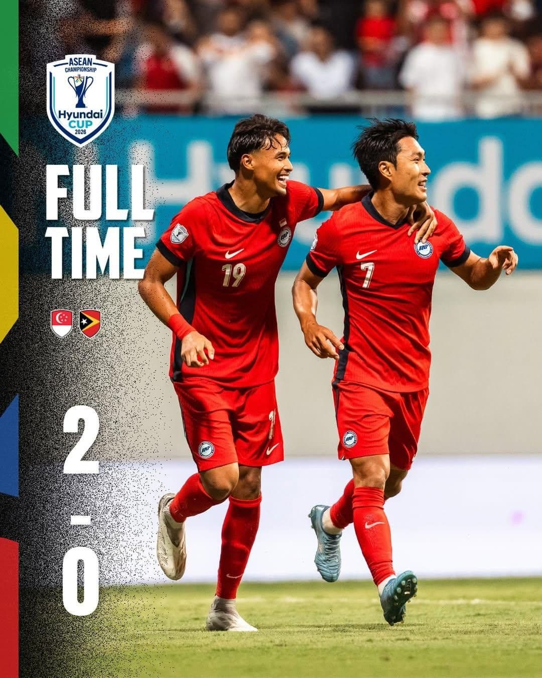 Các cầu thủ Singapore ăn mừng chiến thắng 2-0 trước Timor Leste tại AFF Cup 2026, thể hiện niềm tự hào khu vực.