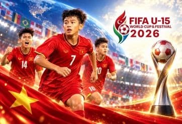 Các cầu thủ trẻ Việt Nam với biểu tượng FIFA U-15 World Cup, minh họa tầm nhìn dài hạn và chiến lược phát triển bóng đá bền vững thông qua đào tạo trẻ.