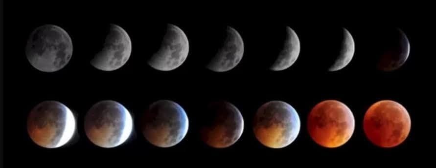 Các giai đoạn của nguyệt thực toàn phần, từ trăng sáng đến trăng máu đỏ rực.