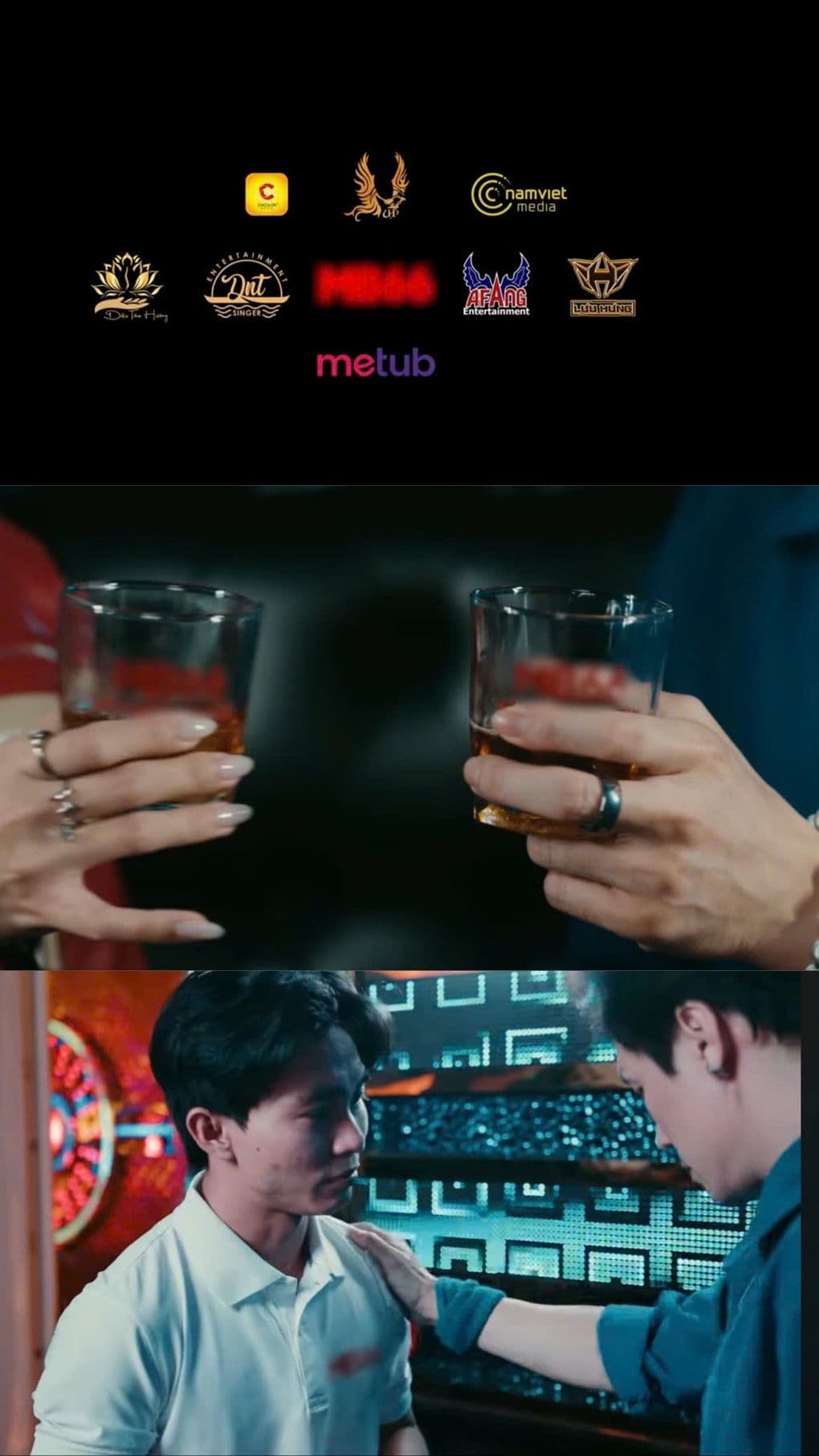 Các hình ảnh từ MV 'Anh Em Trước Sau Như Một' bao gồm logo nhà tài trợ và cảnh quay có chứa quảng cáo cá độ bị làm mờ, liên quan đến trách nhiệm pháp lý.