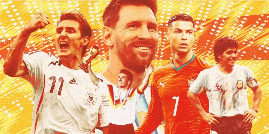 Các huyền thoại bóng đá như Maradona và Messi, những người đã ghi dấu ấn trong lịch sử World Cup.