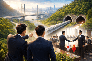 Các đối tác kinh doanh bắt tay trước bối cảnh hạ tầng hiện đại, tượng trưng cho ảnh hưởng của thương vụ đến hệ sinh thái FPT và các dự án công nghệ.